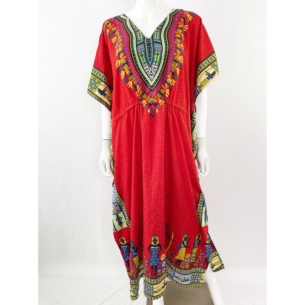 Kanishka Red Egyptian Print Short Sleeve Kaftan Maxi Dress One Size